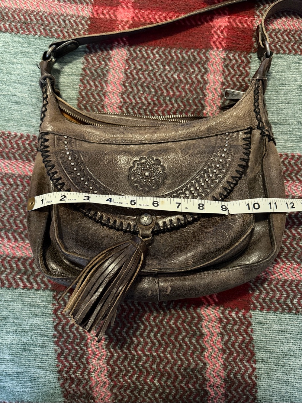 Patricia Nash Distressed Brown Leather Crossbody Bag with Tassel - Picture 9 of 9